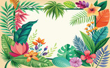 Frame with tropical leaves and flowers. Vector illustration in flat style.