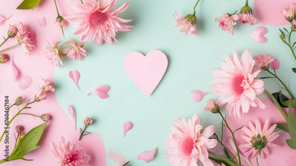 creative layout with pink flowers, paper heart over punchy pastel background. Top view, flat lay. Spring, summer or garden concept. Present for Woman 