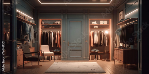 Classic style wardrobe interior with wooden furniture in modern house.