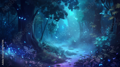 Fantasy landscape, magical night, fairy tale forest. Digital art, ai artwork, background or wallpaper