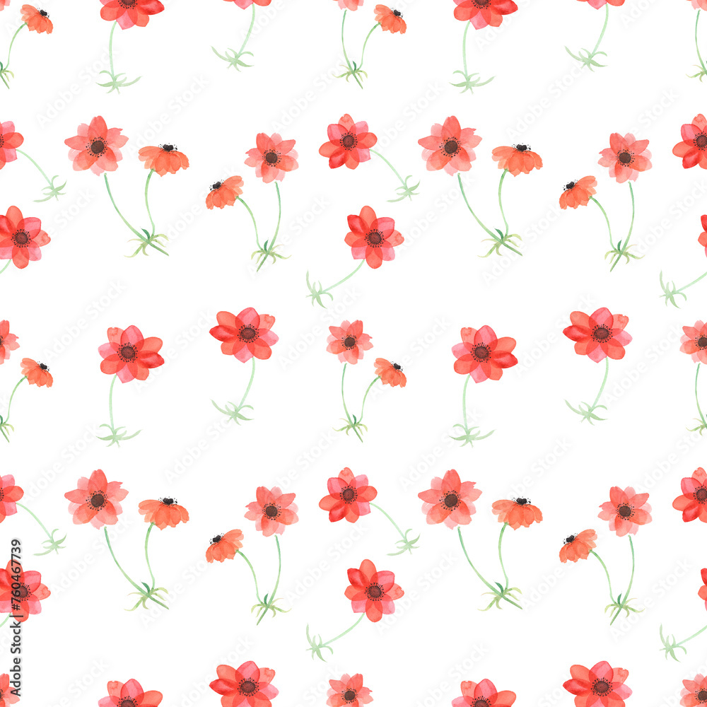 Seamless Japanese anemone pattern, red and pink flowers, Watercolor delicate and matte flowers highlighted on a white background Seamless Japanese anemone pattern, red and pink flowers, Watercolor delicate and matte flowers highlighted on a white background