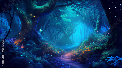 Fantasy landscape, magical night, fairy tale forest. Digital art, ai artwork, background or wallpaper