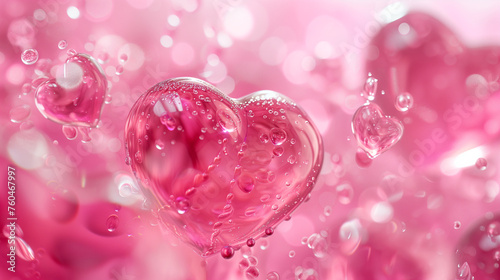Generative AI image of glossy pink hearts with water droplets