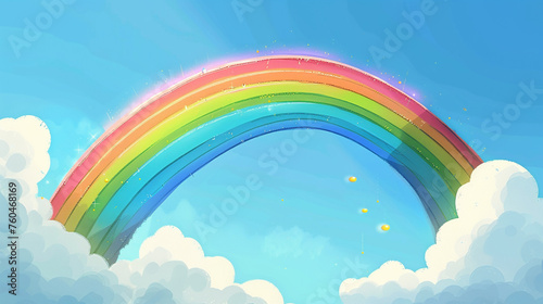 A colorful clipart rainbow stretching across the sky  with a pot of gold at one end.