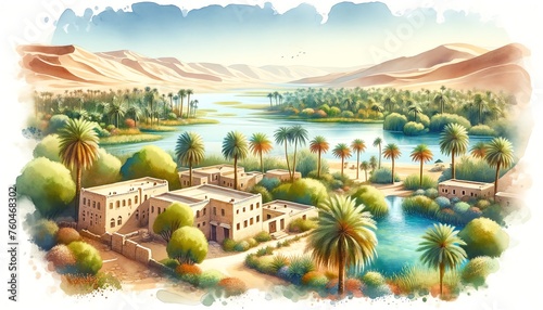 Watercolor landscape of Siwa Oasis, Egypt