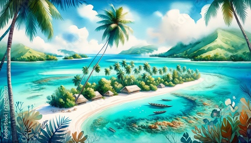 Watercolor landscape of Palmerston Island, Southern Cook Islands