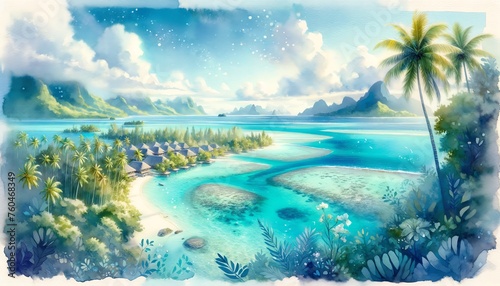 Watercolor landscape of the Tuamotus Islands, French Polynesia photo