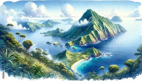 Watercolor landscape of the Pitcairn Islands