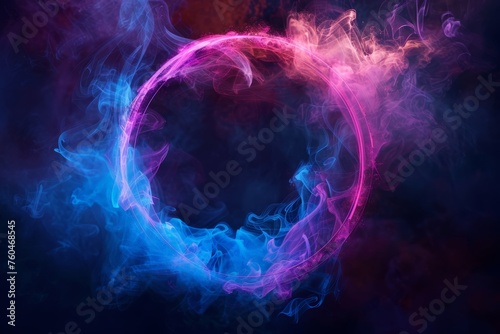 Blue and pink smoke forming a circular ring against a black backdrop © pham