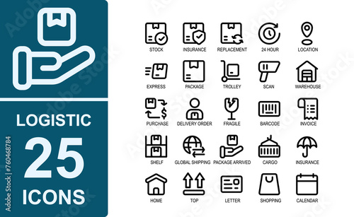 logistics icon set.outline simple.contains 24 hours,location,map,express,package,trolley,warehouse,purchase,delivery order .vektur illustration.