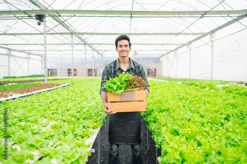 Happy smiling Asian man farmer holding basket with fresh organic vegetable in greenhouse