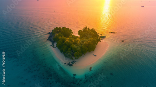 Love Vacation Concept. Sunset Aerial Perspective of Paradise Island in the Shape of a Hear