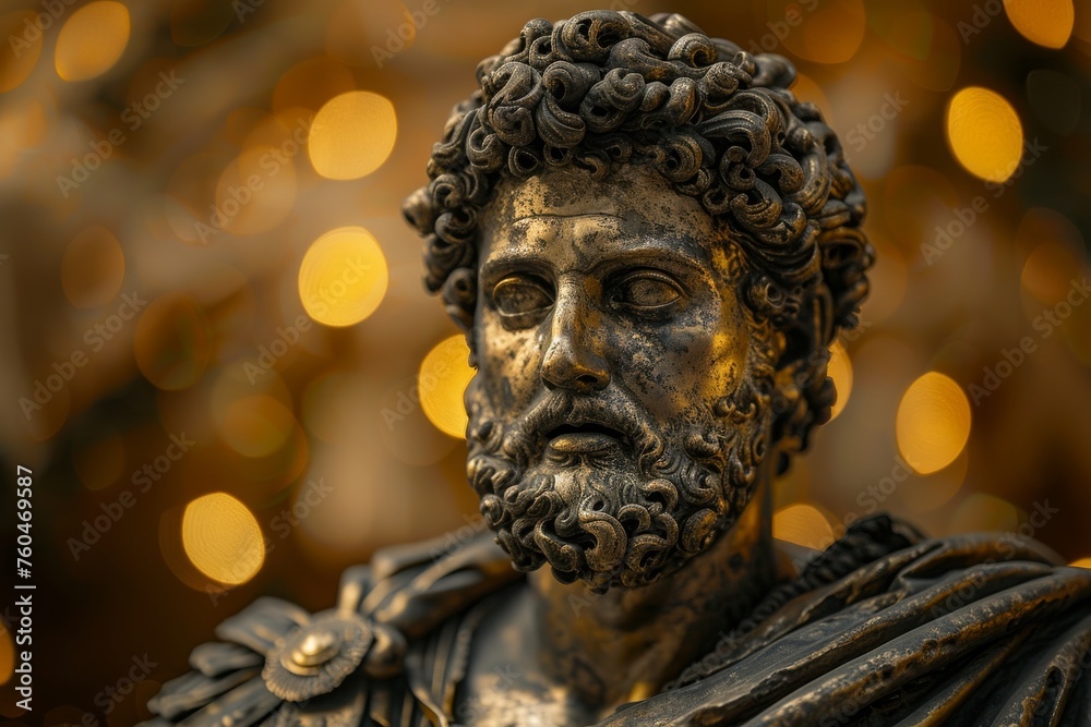 Classical stoic greek, roman statue with a colorful spark background. A classical sculpture with intricate details, focusing on historical art, with the face area blurred for anonymity