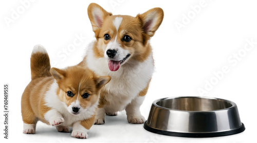 A Corgi mum with her corgi puppy next to a dog bowl. Promotion picture for dog nutrition or dog food. Generative AI. photo