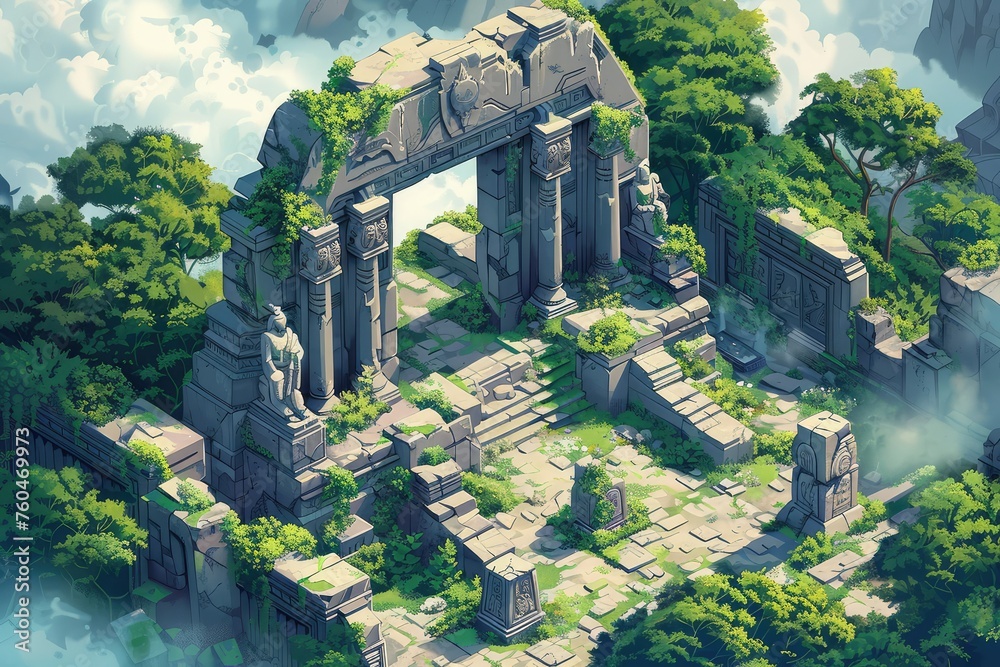 Isometric JRPG-style artwork of ancient temple ruins with lush vines, misty mountains, weathered stone architecture, crumbling statues, hidden treasure, and overgrowth - obrazy, fototapety, plakaty 