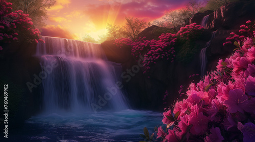 Nature Scene Colorful Waterfall and Flowers at Sunset