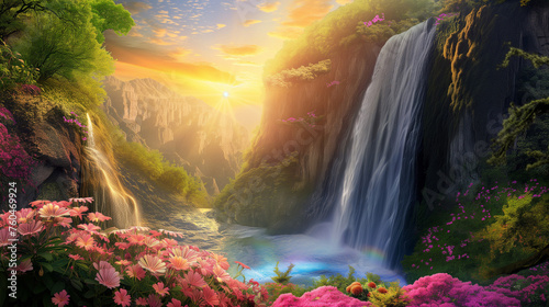 Nature Scene Colorful Waterfall and Flowers at Sunset