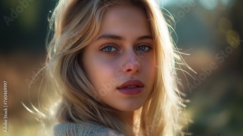 A moment of pure allure as a blonde muse with radiant skin and natural makeup connects with the camera, set against a neutral studio canvas providing ample copy space for creative endeavors.