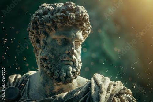 Classical stoic greek, roman statue with a colorful spark background. A classical sculpture with intricate details, focusing on historical art, with the face area blurred for anonymity