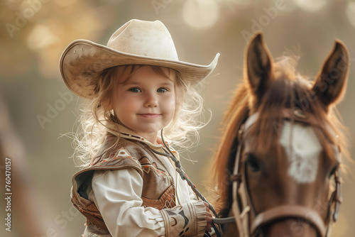 little girl in a cowgirl costume, wearing a hat, riding a pony photo