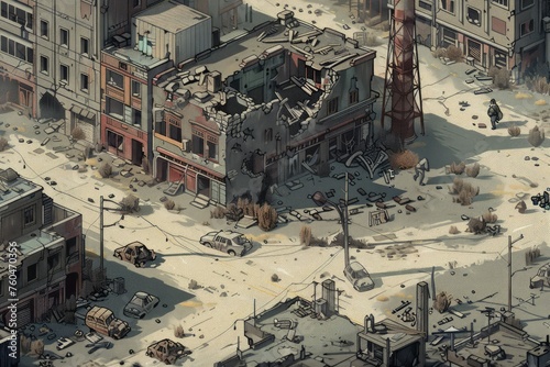 Illustration of a post-apocalyptic wasteland with ruined cities, mutated creatures, and desolate landscapes. JRPG-style digital art depicting abandoned urban decay and eerie atmosphere