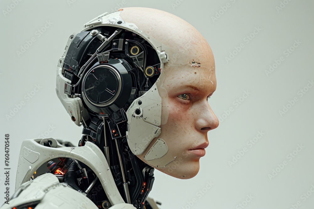 Fototapeta premium Bald man half robot. Cyborg male humanoid futuristic machine. Generate ai