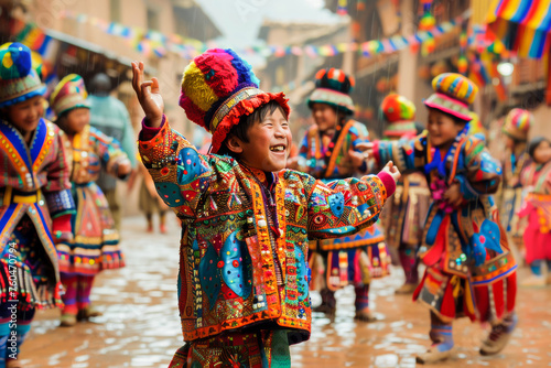 Happy child dancing in traditional vibrant clothing at a cultural festival parade in South America. © apratim