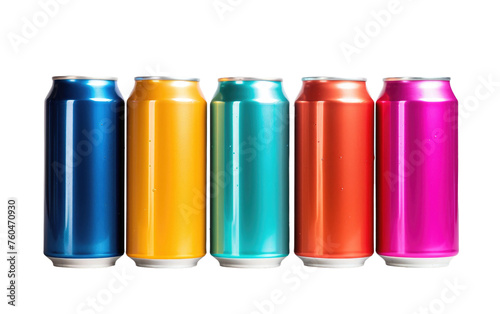 Colorful Row of Soda Cans on White Background. On White or PNG Transparent Background.