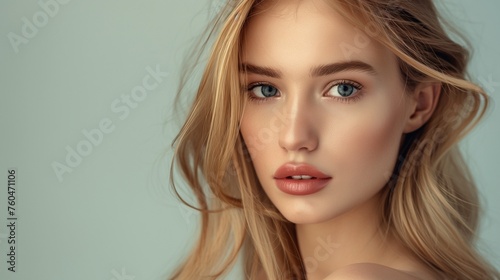 Captivating young woman with golden locks gazes into the camera, highlighting her healthy skin and minimalistic makeup, against a neutral studio setting.