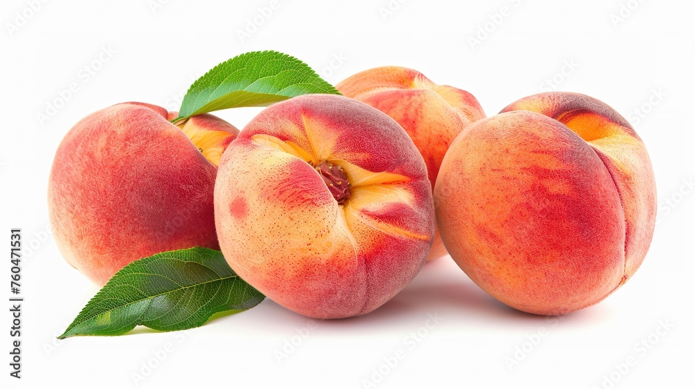 peach fruits with green leaf isolated on white background,generative ai, peach fruits with green leaf isolated on white background,generative ai,
