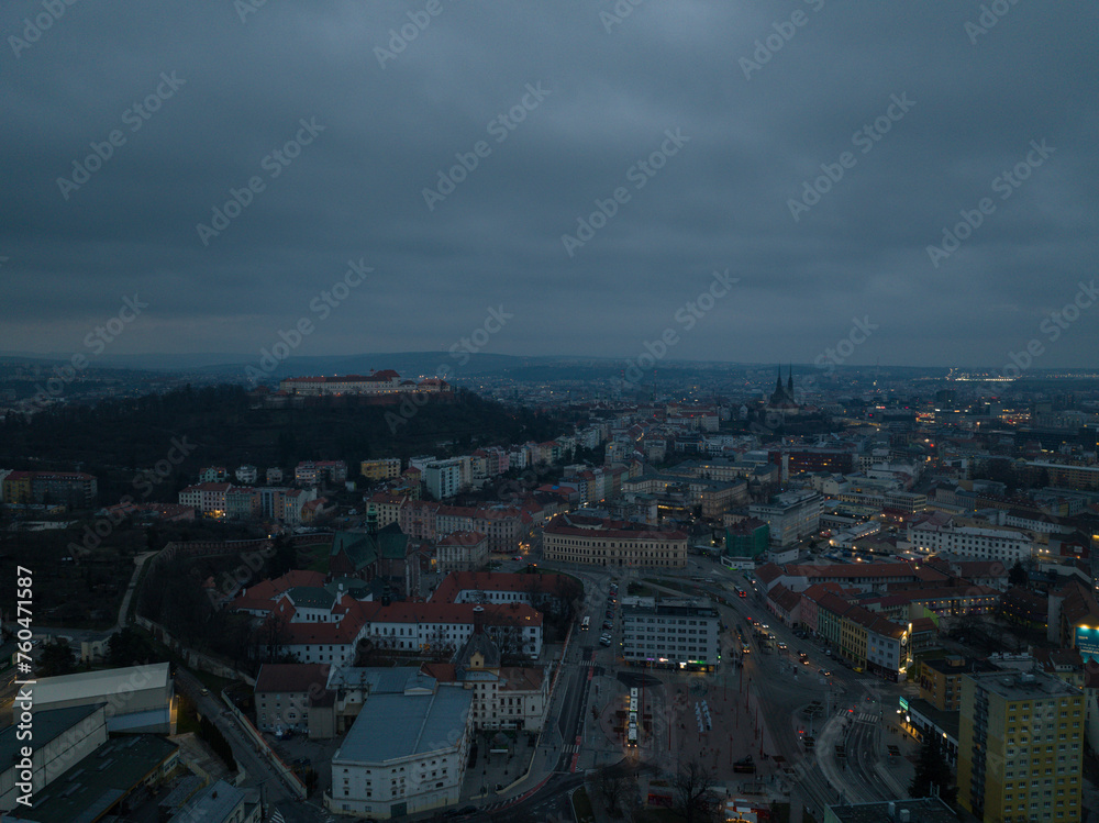 Naklejka premium Night aerial view of the city of Brno in the Czech Republic