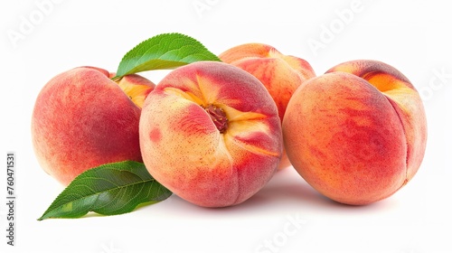peach fruits with green leaf isolated on white background,generative ai,