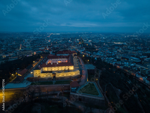 Night aerial view of Spilberk Castle in Brno, Czech Republic