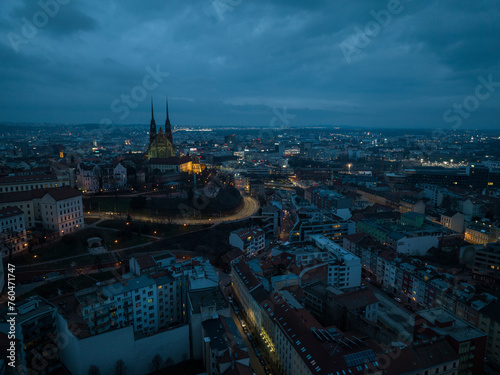 Night aerial view of the city of Brno in the Czech Republic