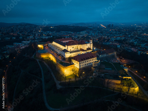 Night aerial view of Spilberk Castle in Brno, Czech Republic