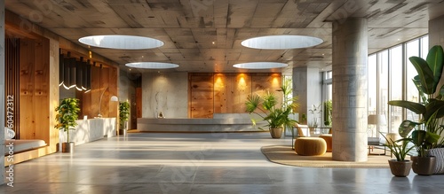 Sunlit Hotel Lobby with Concrete Floors and Wood Accents Basking in Natural Light