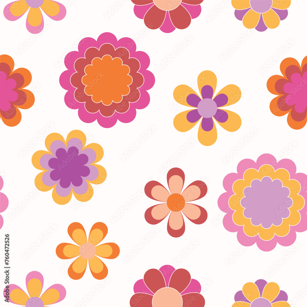 Vintage groovy daisy flowers. Retro floral vector background. Surface design in style of hippie. Modern pattern design for textile, stationery, wrapping paper, gifts. 60s, 70s, 80s style