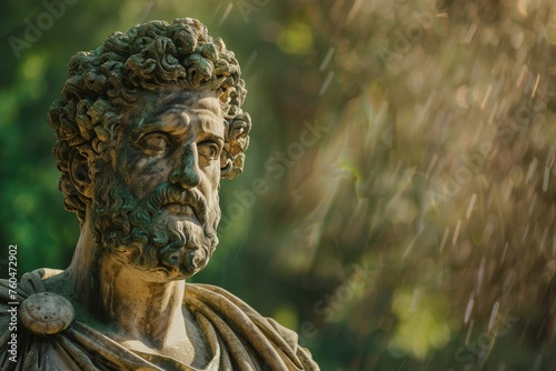 Classical stoic greek, roman statue with a colorful spark background. A classical sculpture with intricate details, focusing on historical art, with the face area blurred for anonymity © MiniMaxi