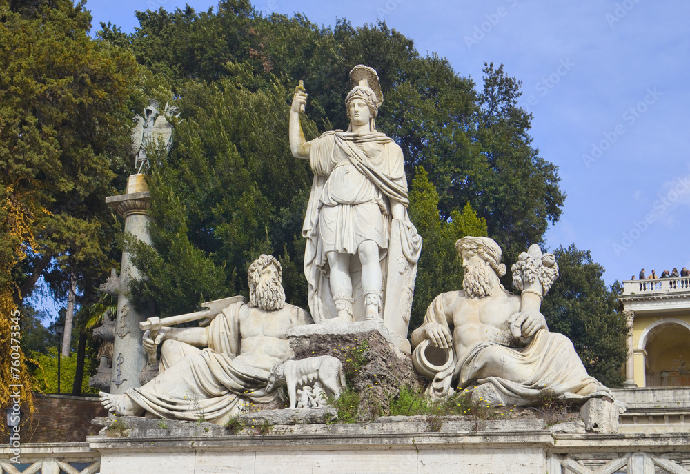 Sculpture of the Goddess Rome at  at Piazza del Popolo in Rome, Italy	
