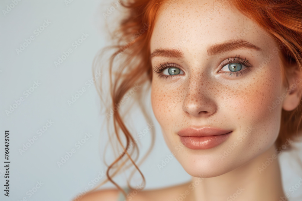 Close up shot of a good looking girl Redhead with freckles isolated solid background Close up shot of a good looking girl Redhead with freckles isolated solid background