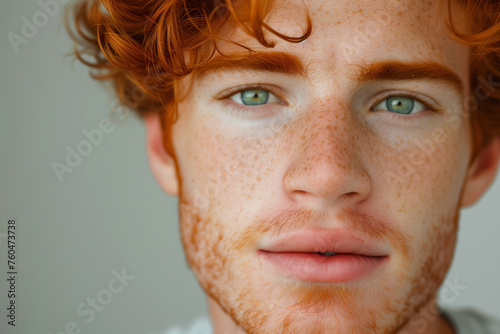 good looking guy Redhead with freckles solid background. photo