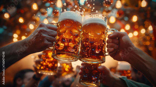 Raised beer mug toasting at Oktoberfest