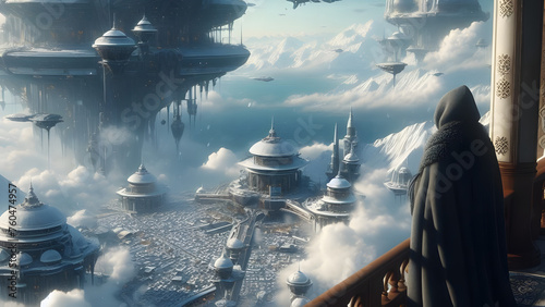 Cloud City Vista: Mysterious Figure, Snowy Islands, Futuristic Structures, Intricate Bridges, Airship, High-Flying Wonder, Mysterious Intrigue © Martin Holtsmeier