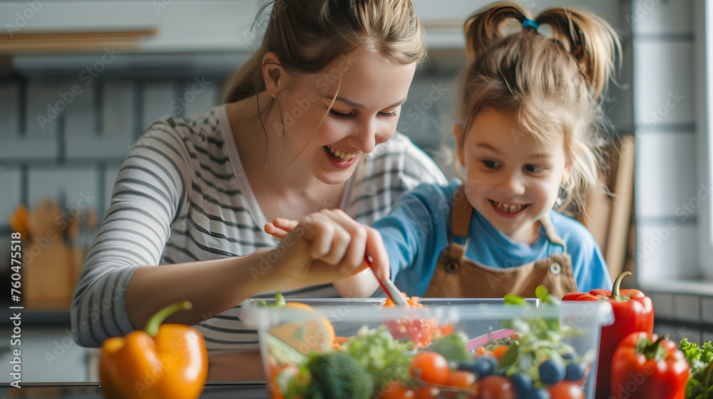 A parent white people preparing healthy back-to-school lunches for their children, with details of the parent's smiling face, the child's excitement, and the healthy ingredients. A parent white people preparing healthy back-to-school lunches for their children, with details of the parent's smiling face, the child's excitement, and the healthy ingredients.