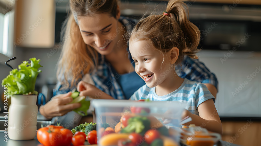 A parent white people preparing healthy back-to-school lunches for their children, with details of the parent's smiling face, the child's excitement, and the healthy ingredients.