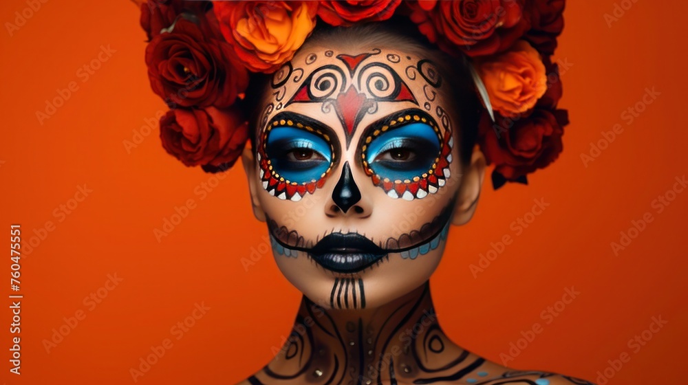 Empowered Expression: Woman Flaunts Gorgeous Day of the Dead Makeup, Commands Attention Against Lively Orange Backdrop