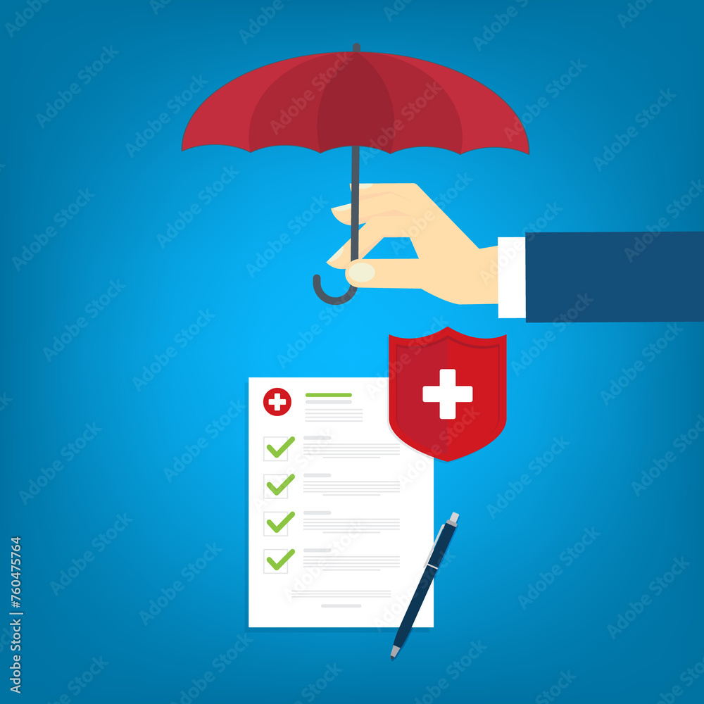 Medical healthcare insurance. Red shield on patient protection policy and pen. Medicine symbol. 
