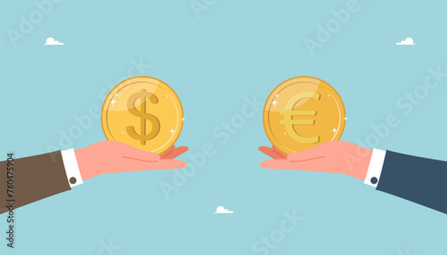 Money transfer, currency exchange, international companies for making currency transfers, dollar to euro conversion, account transactions, increase in value of currency, big hands exchange coins.