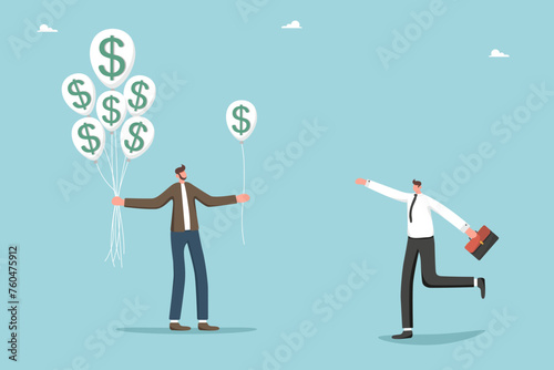 Granting loan or mortgage, business assistance for financial or economic stability, investing in innovation or start-ups, investing capital to start new business, businessman gives man dollar balloon.