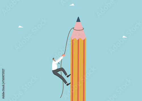 Finding a right direction to to reach heights, big idea to solve business problems, new opportunities, brainstorming to achieve success in the set goals, a man climbs a rope to the top of a pencil.